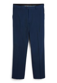 Tamsiai mėlyni, prigludę kelnės su lygia priekyje dalimi, diržo kilpelėmis ir vienu mygtuko užsegimu. Lygus audinys su minimaliu tekstūros poveikiu ir be raštų.