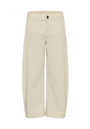 Pantalon beige à jambes larges en coton, avec fermeture par bouton et fermeture éclair, poches avant, et détails de couture visibles.