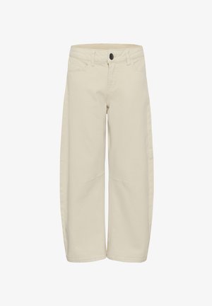 Pantalon beige à jambes larges en coton, avec fermeture par bouton et fermeture éclair, poches avant, et détails de couture visibles.