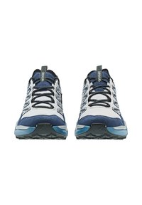 Lowa wandelschoenen met een bovenwerk van mesh en suede, met een blauw-witte kleurenschema, zwarte veters en een robuuste buitenzool voor grip.