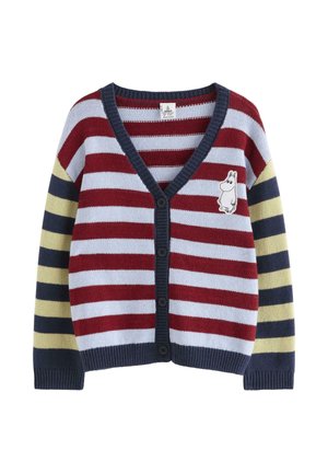 Knapper cardigan med horisontale striber i rød, lyseblå, marineblå og gul, med en lille hvid tegneseriefigur på brystet.