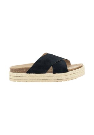Sandalias de plataforma de ante negro con un diseño de tiras cruzadas, detalles de yute natural y una suela de goma ligera para mayor tracción.