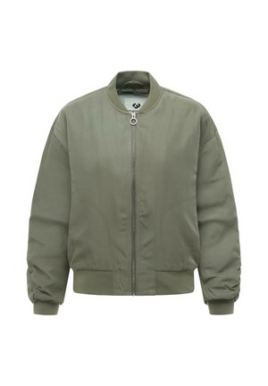 Veste bomber vert clair avec fermeture éclair à l'avant, col, poignets et ourlet côtelés, présentée sur fond blanc.