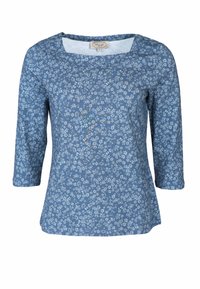 Blaues Baumwolloberteil mit Dreiviertelärmeln, quadratischem Ausschnitt und weißem Blumenmuster. Weiche Textur mit lässiger Passform.