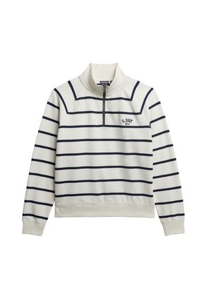 Felpa bianca in pile con strisce orizzontali blu navy, colletto alto e zip parziale. Presenta polsini e orlo a coste; piccolo logo sul petto.