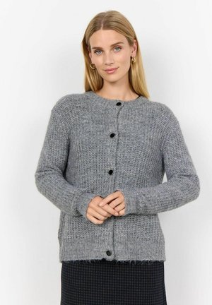 Gray cardigan made of textured knit, featuring a round neckline, long sleeves, and black buttons down the front. Soft and warm appearance.