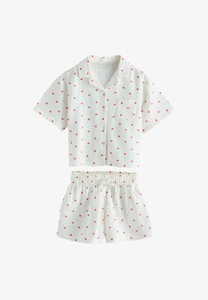 Weißes kurzärmliges Hemd zum Knöpfen und Shorts mit elastischem Bund, bedruckt mit kleinem roten Herzmuster, zum lässigen Tragen entworfen.