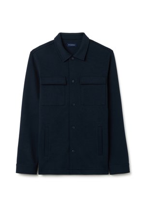 Donkerblauwe jas met een knoopsluiting aan de voorkant, twee borstzakken, zijzakken en een kraag. Gemaakt van gladde stof met een gestructureerd ontwerp.