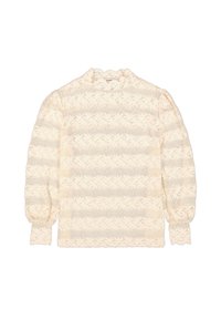 Cremfarbene Spitzenbluse mit langen gepufften Ärmeln, die horizontale Streifen und gewellte Kanten aufweist. Zartes florales Muster und strukturiertem Stoff.