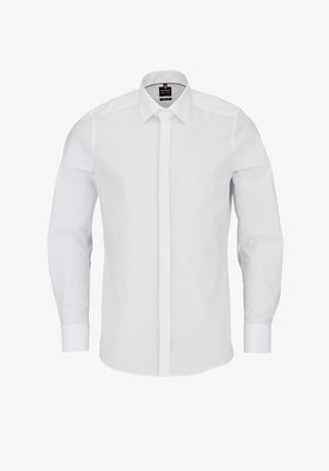 Weißes langärmeliges Hemd mit strukturiertem Kragen, durchgehender Knopfleiste vorne und Manschetten, aus glattem Stoff mit minimaler Textur.