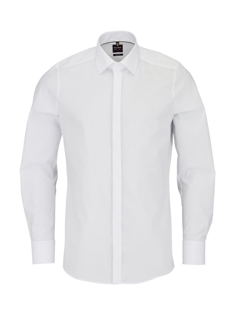 Wit overhemd met lange mouwen, voorzien van een gestructureerde kraag, knoopsluiting aan de voorkant en manchetten, gemaakt van gladde stof met minimale textuur.