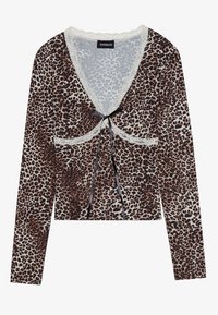 Καρντιγκάν με σχέδιο λεοπάρ, με μακριά μανίκια, που διαθέτει λαιμόκοψη με δαντέλα και λεπτομέρεια με κορδόνι στο μπροστινό μέρος. Μαλακή υφή υφάσματος.
