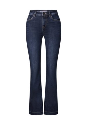 Flared jeans van donkerblauwe denim, met een hoge taille, vijf zakken en subtiele stiksels langs de naden. Gladde, gestructureerde afwerking.