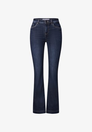 Schwarze Jeans aus dunkelblauem Denim mit hoher Taille, fünf Taschen und dezenten Nähten an den Seitennähten. Glatte, strukturierte Oberfläche.