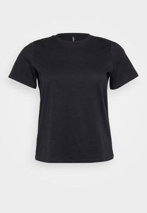 Melns kokvilnas T-krekls ar īsām piedurknēm, apaļo kakla izgriezumu, brīvu piegriezumu un gludu struktūru. Nav redzamu grafiku vai rakstu.