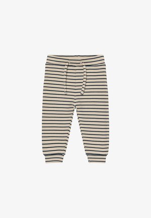 Beige katoenen joggers met marineblauwe horizontale strepen, voorzien van een elastische tailleband met trekkoord en geribbelde enkels.