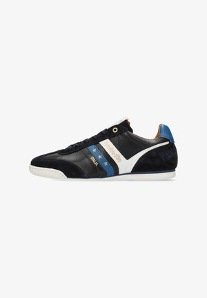 Black leather and suede sneaker with white and blue accents, featuring a lace-up design, gold logo, and rubber sole.