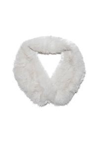 Collo in pelliccia finta bianca con una texture morbida e pelosa, dalla forma triangolare, progettato per avvolgere il collo per calore e stile.