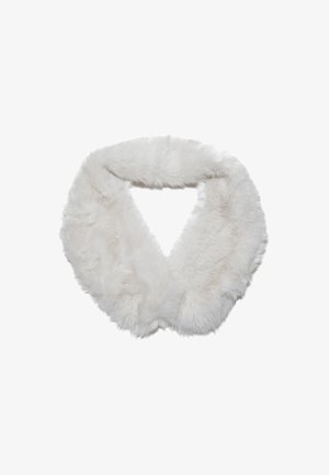 Valkoinen tekoturkiskragne, jossa on pehmeä ja pörröinen pinta sekä kolmion muoto, suunniteltu kaulan ympäri lämmittämään ja tyylikkäänä.