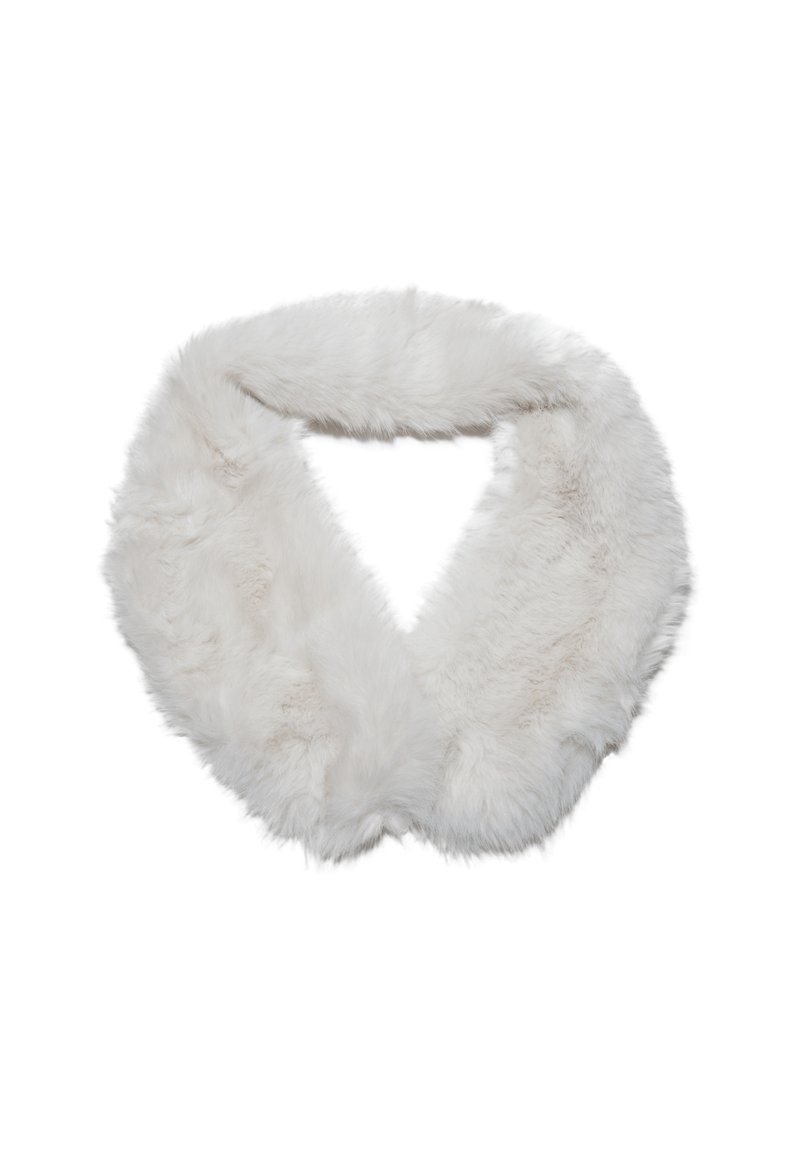 Collo in pelliccia finta bianca con una texture morbida e pelosa, dalla forma triangolare, progettato per avvolgere il collo per calore e stile.