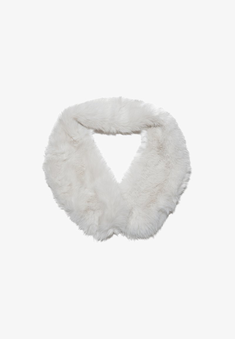 Collo in pelliccia finta bianca con una texture morbida e pelosa, dalla forma triangolare, progettato per avvolgere il collo per calore e stile.