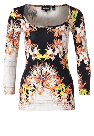 Schwarzes Langarmoberteil mit mehrfarbigem tropischem Blumenmuster und weißer Struktur, Rundhalsausschnitt und figurbetonter Silhouette.