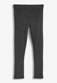 Leggings gris oscuro hechos de tela suave y elástica. Presentan una cintura lisa y piernas ajustadas, sin patrones ni detalles visibles.