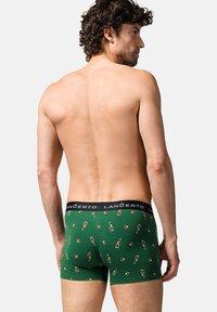 Zielone bokserki z wzorem butelek piwa, czarnym elastycznym paskiem w talii z brandingiem "LANÇERTO" oraz dopasowanym krojem.