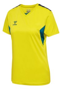 Gul sportströja med korta ärmar, V-ringad design, blå accenter på sidorna och en logo på bröstet. Tillverkad av lättviktsmaterial.