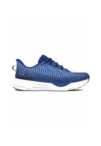Zapatilla deportiva azul con un upper texturizado que presenta un patrón en forma de ola. Suela blanca, puntera redondeada y diseño con cordones. Incluye un tirador en la parte trasera.