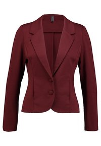 Burgundin väri bleiseri, jossa on istuva leikkaus, viistetyt l äpät, kaksinappinen kiinnitys, pitkät hihat ja sileä kankaan rakenne. Ei näkyviä taskuja.