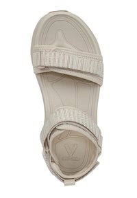 Beige sandaal met gevlochten bandjes met meerkleurig garen. Dikke gevoerde zool, Vionic-logo op de binnenzool, verstelbare enkelband.