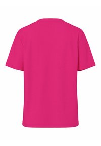 T-shirt court à manches courtes de couleur rose vif uni, montré de dos, avec un col rond et un ourlet droit.