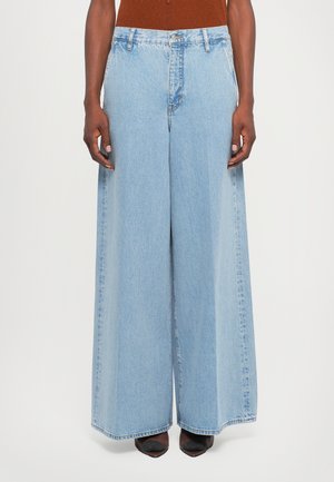 Light blue wide-leg jeans made of denim, featuring a high waist, subtle fading, and a classic five-pocket design.