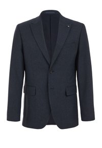 Blazer di colore blu scuro con texture, chiusura a un bottone, rever a punta, due tasche anteriori e una tasca sul petto. Presenta un interno foderato.