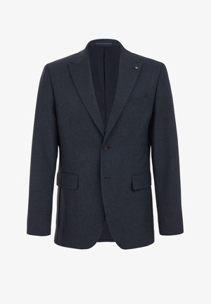 Blazer di colore blu scuro con texture, chiusura a un bottone, rever a punta, due tasche anteriori e una tasca sul petto. Presenta un interno foderato.