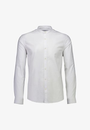 Wit shirt met lange mouwen en een mandariin kraag, gemaakt van een gestructureerde stof, voorzien van een knoopsluiting aan de voorkant en een aansluitend model.