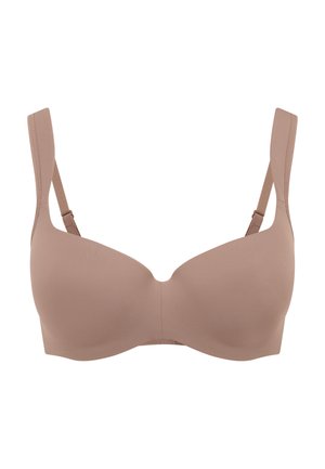 Soutien-gorge beige clair avec armatures, fabriqué en tissu lisse. Il dispose de bretelles ajustables et d'un design sans couture avec une forme légèrement arrondie.