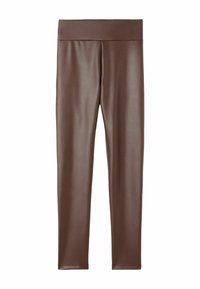Leggings marroni, elasticizzati, a vita alta con una texture liscia e lucida, progettati per comfort e flessibilità. Nessun logo o motivo visibile.