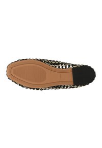 Black and beige woven slip-on shoe with a textured jute upper and a rubber sole, featuring a smooth, flat heel and striped pattern.