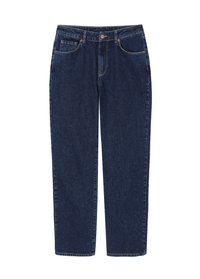 Jeans de mezclilla azul oscuro con un corte relajado, piernas rectas, cinco bolsillos y cierre de botón y cremallera.
