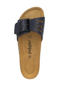 Black slide sandal with a textured, cushioned footbed and a single strap featuring a buckle. Design includes cut-out patterns for breathability.