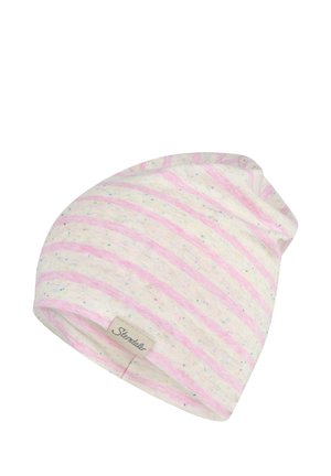 Soft knit beanie with pink horizontal stripes and multicolored speckles, featuring a small fabric tag with "Sterntaler" label.