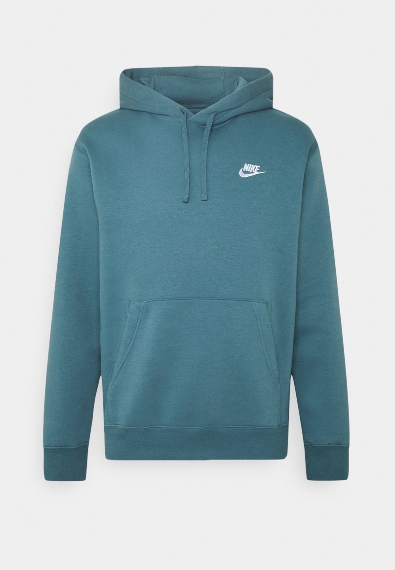 Modro-zelená mikina Nike s přední kapsou typu klokánek, nastavitelnou kapucí se šňůrkou, žebrovanými manžetami a bílým logem Nike na levé straně hrudi.