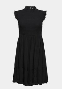 Robe midi noire à manches courtes avec col volanté, poitrine froncée, jupe évasée et fermeture à bouton au niveau de la nuque au dos.