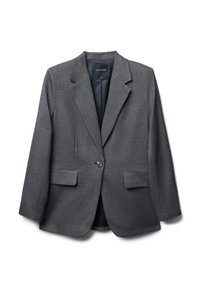 Charcoal-grauer Blazer mit Reverskragen, einreihiger Knopfverschluss, zwei Vorderentaschen und strukturiertem Stoff. Gefüttertes Innenfutter.