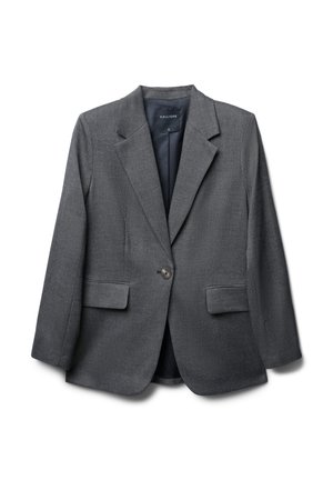 Blazer gris charbon avec revers crantés, fermeture à un bouton, deux poches avant et tissu texturé. Intérieur doublé.