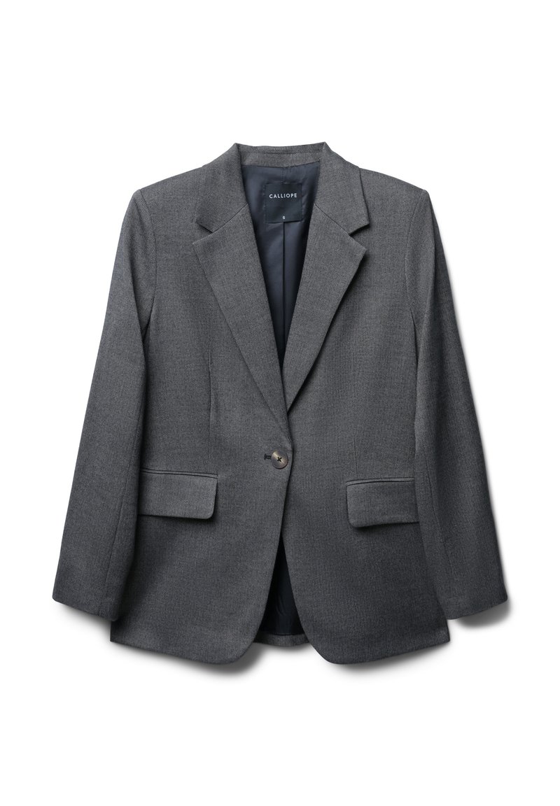 Charcoal-grauer Blazer mit Reverskragen, einreihiger Knopfverschluss, zwei Vorderentaschen und strukturiertem Stoff. Gefüttertes Innenfutter.