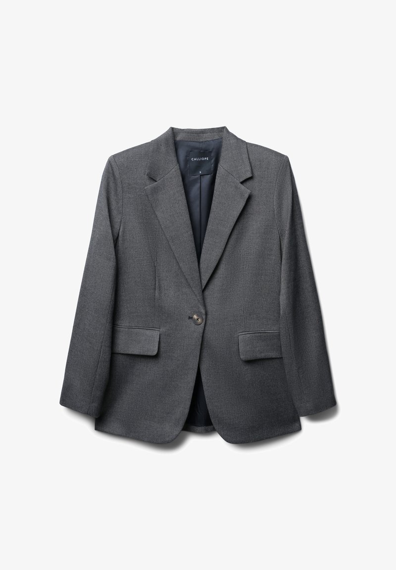 Charcoal-grauer Blazer mit Reverskragen, einreihiger Knopfverschluss, zwei Vorderentaschen und strukturiertem Stoff. Gefüttertes Innenfutter.