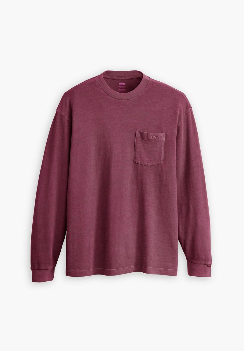 Langärmliges bordeauxfarbenes T-Shirt aus Baumwolle mit einer Brusttasche und einem runden Ausschnitt. Enthält dezentes Logo-Detail auf der Tasche.